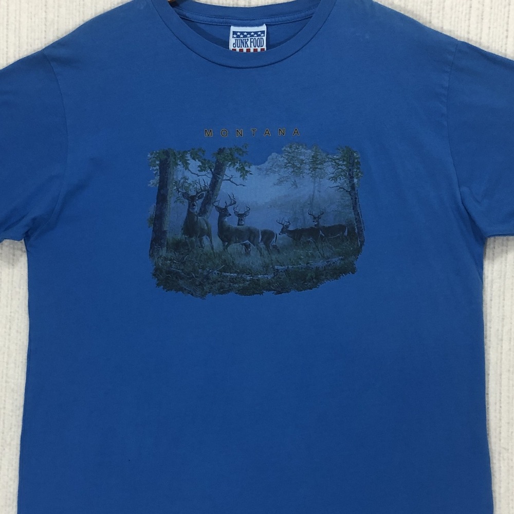 Junk Food Montana‎ Deer Graphic T-Shirt Mens 2XL Blue Cotton Nature Made in USA